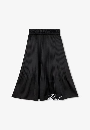 Black pleated skirt with an elastic waistband featuring "KARL LAGERFELD" logo; smooth texture and A-line shape with a white signature detail.