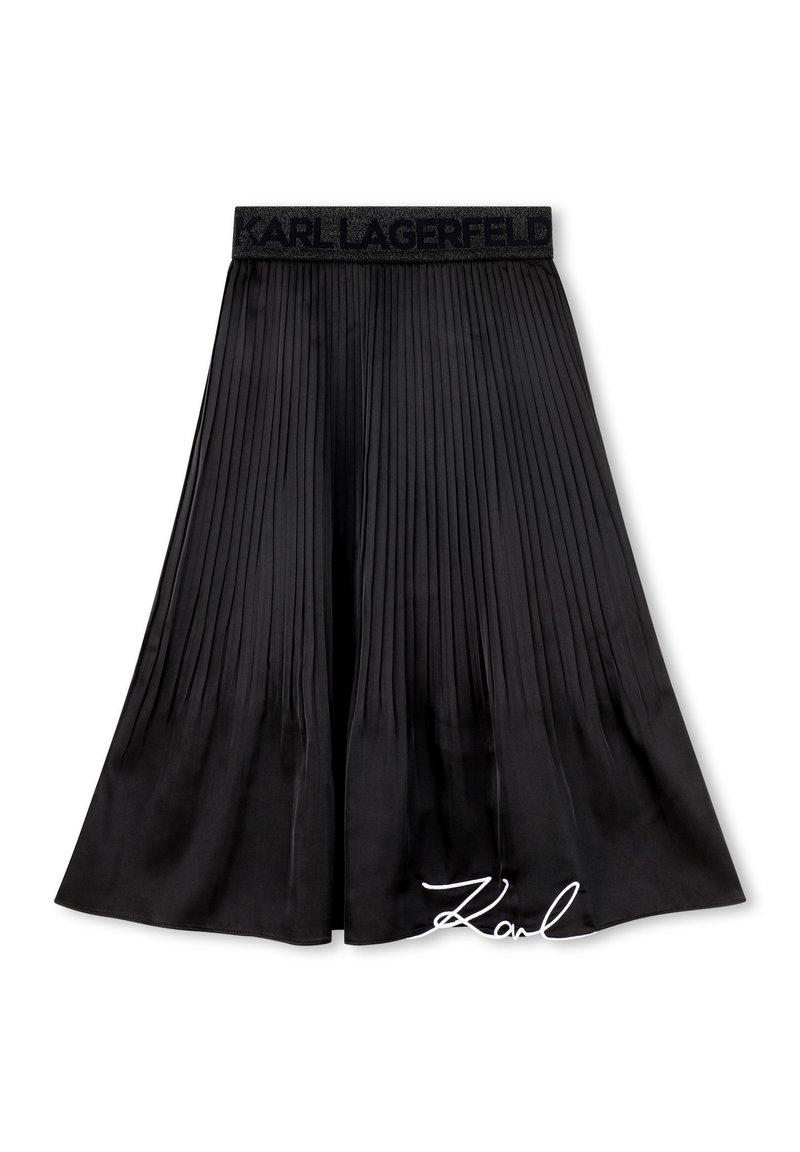 Μαύρη πλισέ φούστα με ελαστική μέση που φέρει το λογότυπο "KARL LAGERFELD"· ομαλή υφή και γραμμή σε σχήμα Α με λεπτομέρεια λευκής υπογραφής.