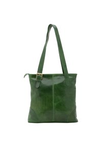 Groene leren totebag met een glanzende afwerking, rechthoekige vorm, lange handvatten en accentstiksel. Bevat een gespdetail op de schouderband.