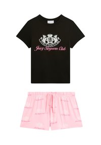 Zwart katoenen T-shirt met zilveren en roze "Juicy Couture"-opdruk, gecombineerd met roze short met een herhaald logo patroon.