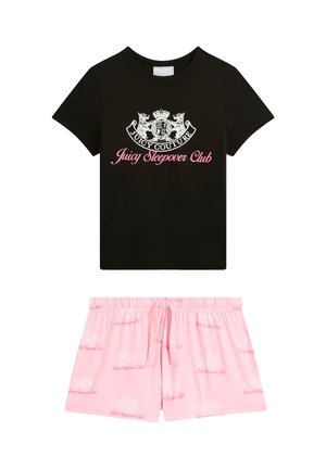 Schwarzes T-Shirt aus Baumwolle mit silbernem und pinkem "Juicy Couture"-Aufdruck, kombiniert mit pinken Shorts mit wiederholtem Logosmuster.