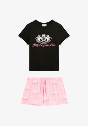 Schwarzes T-Shirt aus Baumwolle mit silbernem und pinkem "Juicy Couture"-Aufdruck, kombiniert mit pinken Shorts mit wiederholtem Logosmuster.
