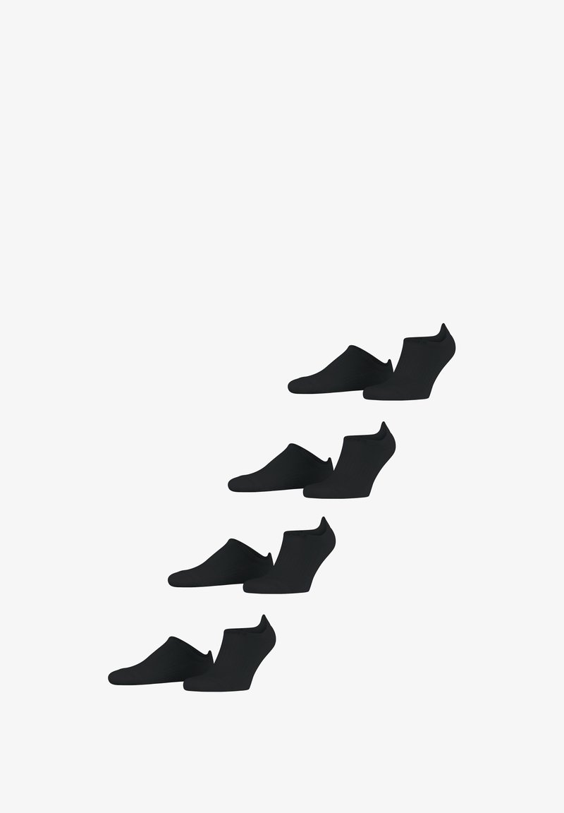 Chaussettes noires à la cheville présentées en disposition décalée, avec une texture lisse et un design minimaliste sans motifs ni marques visibles.