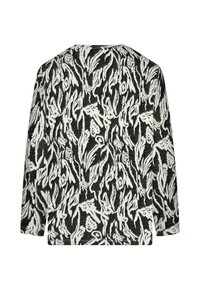 Schwarz-weißer Pullover mit strukturiertem, abstraktem Blumendesign, Rundhalsausschnitt und Ärmeln in Dreiviertellänge.