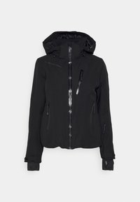 Veste à capuche noire avec fermeture éclair centrale, trois poches zippées et poignets allongés avec trous pour les pouces.