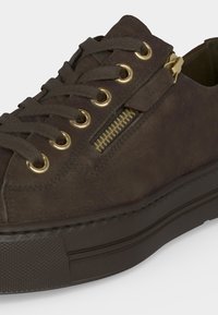 Baskets en daim marron à lacets avec œillets dorés et fermeture éclair latérale dorée sur une semelle en caoutchouc texturée.
