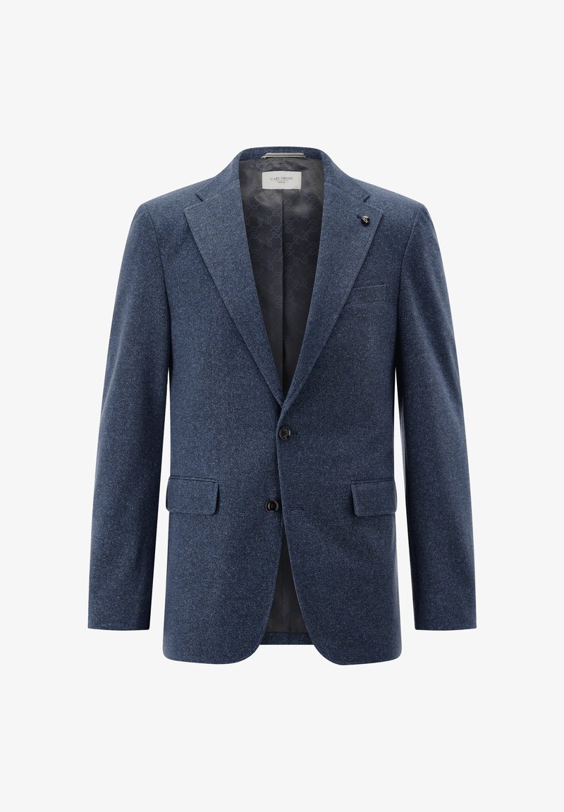 Marineblaues Woll-Sakko mit Reverskragen, zwei Fronttaschen, zwei Knöpfen und einem gefütterten Innenfutter mit einem dezenten Logo-Design.