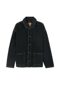 Zwarte denim jacket met een kraag, sluiting met knopen aan de voorkant en twee voorzakken. Heeft een licht versleten textuur en een relaxte pasvorm.