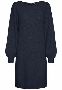 Abito a maglia blu navy con scollo rotondo, maniche lunghe a palloncino e vestibilità rilassata. Texture morbida con polsini a coste.