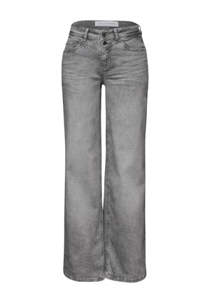 Vaqueros de mezclilla gris de cintura alta con piernas anchas, cierre de doble botón, bolsillos frontales y textura sutilmente desteñida.