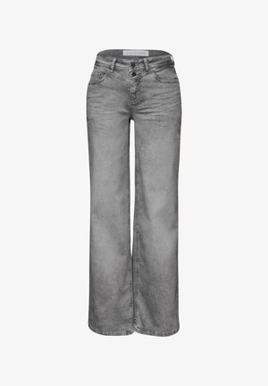 Vaqueros de mezclilla gris de cintura alta con piernas anchas, cierre de doble botón, bolsillos frontales y textura sutilmente desteñida.