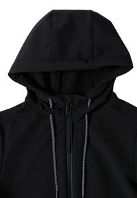 Zwarte hoodie-jack met een zachte binnenvoering, grijze trekkoorden en een rits aan de voorkant. De stof lijkt glad en duurzaam te zijn.