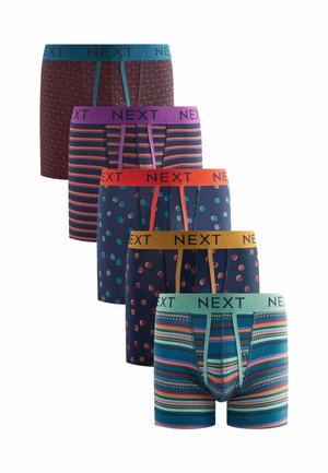 Pack of five pairs of men's boxer shorts in various patterns, including polka dots and stripes, featuring colorful elastic waistbands.