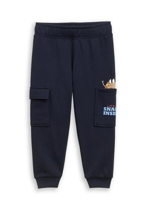 Marineblaue Kinder-Sweatpants mit elastischem Bund, Taschen an beiden Beinen, eine Tasche zeigt einen Cartoon-Keks und den Text "Little snack inside".