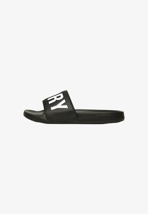 Black slide sandals with a wide strap, featuring white block letters spelling "DRY." Smooth texture with a flat rubber sole.