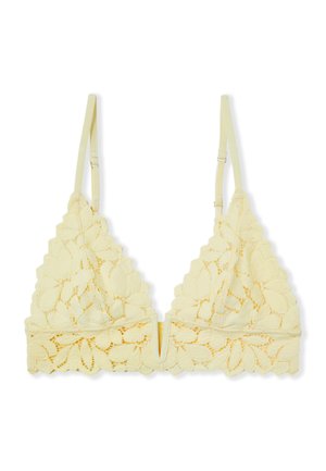 Gelbes Spitzen-Bralette mit verstellbaren dünnen Trägern, Blumenmuster und einem V-förmigen Detail in der vorderen Mitte.