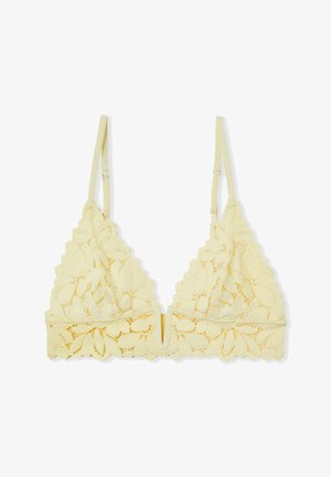 Gelbes Spitzen-Bralette mit verstellbaren dünnen Trägern, Blumenmuster und einem V-förmigen Detail in der vorderen Mitte.