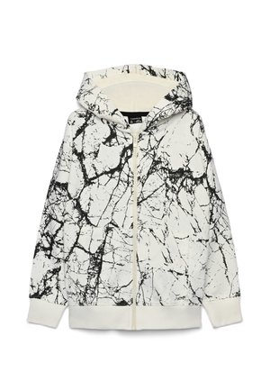 Felpa bianca con cappuccio e zip, con motivo astratto marmo nero, cappuccio attaccato e polsini e orlo a coste, distesa su sfondo bianco.
