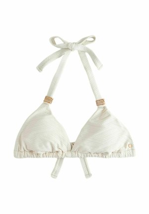 Biały trójkątny top bikini o fakturze, z wiązaniem na szyi typu halter, złotymi akcentami przy ramiączkach oraz regulowanymi wiązaniami z tyłu.