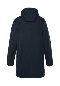 Giacca invernale navy con cappuccio, realizzata in un tessuto liscio e testurizzato, con taglio dritto, senza hardware visibile o dettagli aggiuntivi.