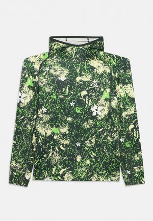 T-shirt à manches longues avec capuche, motif floral abstrait vert, blanc et noir, petit logo ACG sur la poitrine.