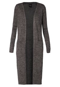 Cardigan long gris foncé en maille, ouvert sur le devant, avec manches longues et poches latérales.