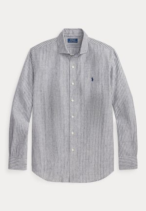 Graues langärmliges Hemd mit weißen vertikalen Streifen, einem Kragen und einem kleinen dunkelblauen Polo Ralph Lauren Logo auf der Brust.