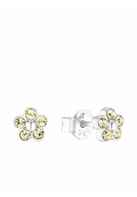 Pendientes de stud en forma de flor de plata con cinco piedras preciosas de color amarillo pálido cada uno, mostrando un respaldo de plata de ley 925.