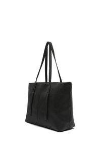 Black leather tote bag with dual flat shoulder straps, rectangular shape, textured surface, and no visible hardware or additional accents.