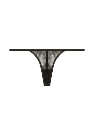 Black mesh thong with a narrow waistband, featuring a fishnet design and minimal fabric coverage. Lightweight and soft texture.