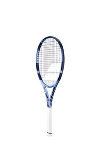 Tennisketsjer med en blå og hvid ramme, udstyret med et struktureret greb, åben strengmønster og aflange ovale hovedform.