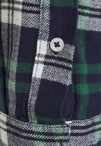Flanellipaita, jossa on ruudullinen kuvio sinisellä, vihreällä ja valkoisella, ja teksturoitu pinta. Mukana hopeinen nappiyksityiskohta.