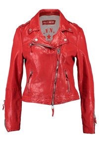 Rode leren motork Jacket met asymmetrische ritssluiting aan de voorkant, ritszakken, schouderepauletten en manchet, en bedrukt binnenvoering.