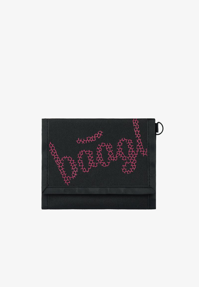 Black fabric folder featuring pink stitched text, "bägl," with a textured pattern. Includes a loop for attachment on one side.
