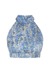 Kék és arany paisley mintás, könnyű anyagból készült pántos felső, összegyűrt nyakkivágással és rugalmas szegéllyel a kényelmes viselet érdekében.