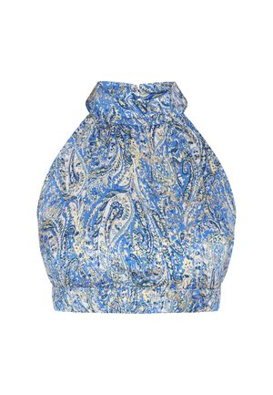 Halter top s modro-zlatým paisley vzorem vyrobený z lehkého materiálu, s nařaseným výstřihem a elastickým lemem pro pohodlné nošení.