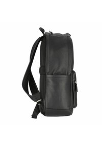 Borsa in pelle nera con superficie texture, design verticale, tracolla regolabile e tasca laterale con zip per lo stoccaggio.