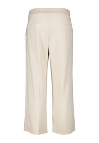 Beige culotter med elastisk midja, med sidfickor och två bakfickor. Slät tyg med avslappnad passform och vid ben-design.