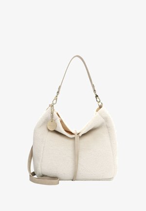 Krēma krāsas mākslīgā spalva rokassoma ar mīkstu tekstūru, liela hobo forma, minimālisma bežs siksna un dekoratīva zelta ķēdīte ar piekariņu.