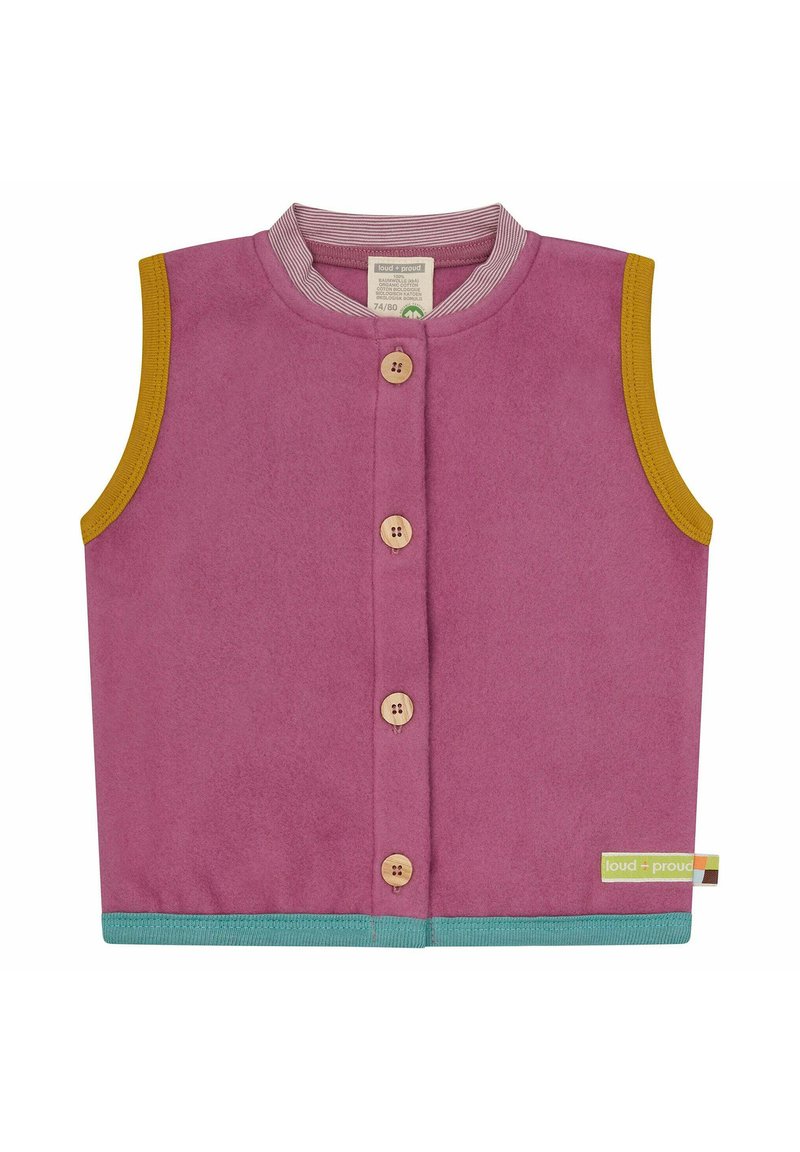 Weste aus weichem pinken Material mit rundem Ausschnitt, gelben Armausschnitten, Holzknöpfen und einem grünen Band am unteren Rand.