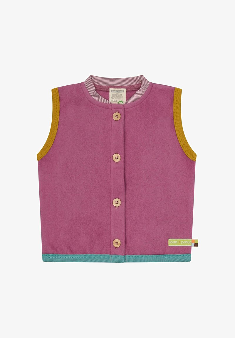 Vest van zacht roze materiaal met een ronde hals, met gele armsgaten, houten knopen en een groene band aan de onderkant.