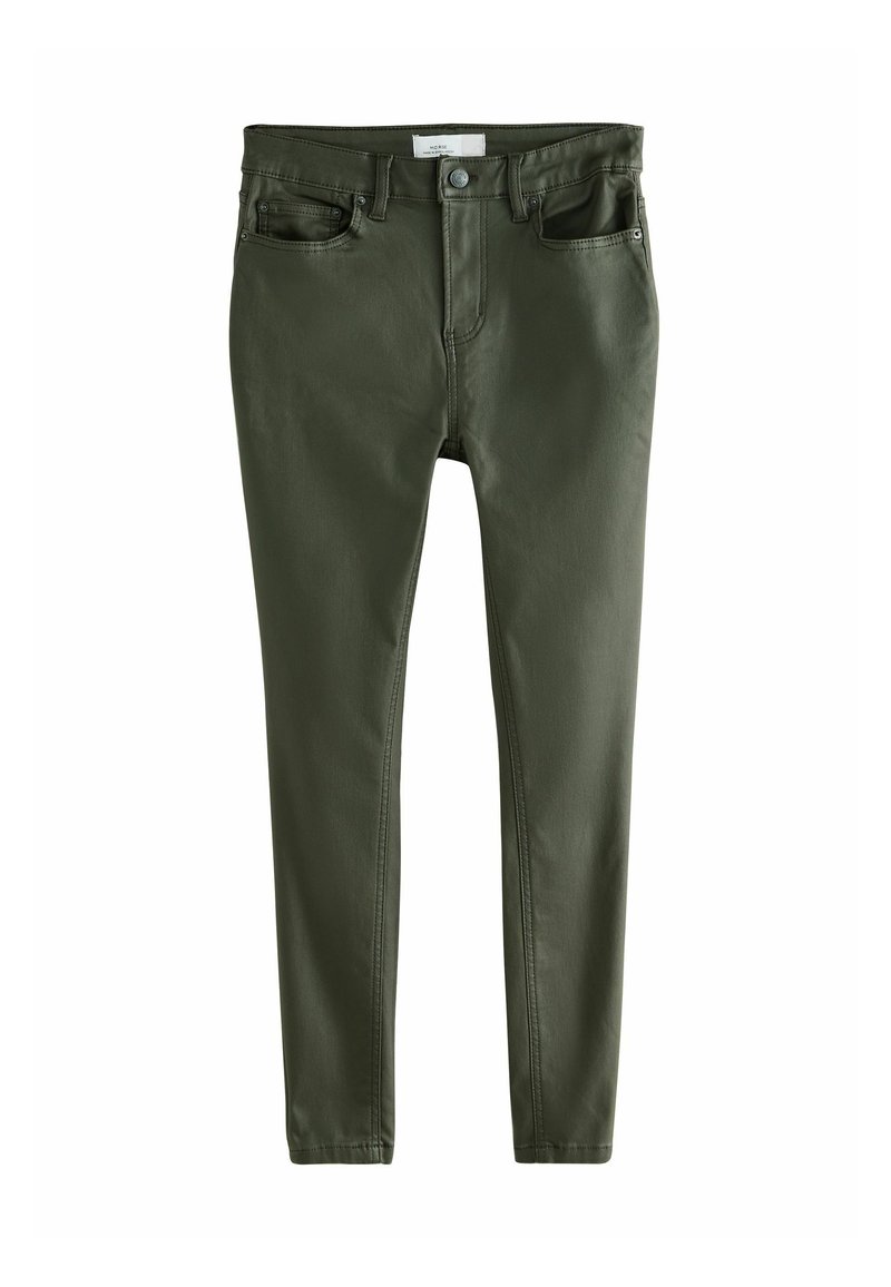 Jeans skinny verde oliva hechos de una mezcla de algodón. Presentan una cinturilla estándar, cinco bolsillos y costuras visibles.