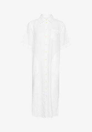 Abito camicia bianco in lino, lunghezza al ginocchio con maniche corte, chiusura a bottoni, bottoni gialli e una singola tasca sul petto. Tessuto liscio e leggero.