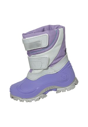Purple waterproof boot with grey accents and a Velcro strap. Features a textured rubber sole for grip and reinforced heel support.