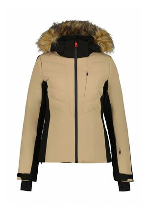 Beige and black ski jacket with a faux fur hood. Features a fitted design, quilted texture, and black accents at sleeves and sides.