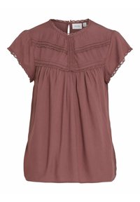Blusa marrone a maniche corte con dettagli testurizzati, pieghe e chiusura con bottone sul retro. Presenta accenti in pizzo lungo lo scollo.