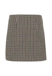 Mini-jupe à carreaux marron, beige et bleu avec une coupe droite et une taille haute, présentée sur un fond blanc.