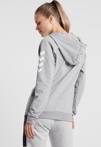 Sweatshirt gris avec une poche avant, capuche à cordon et motif en chevrons blancs sur la manche gauche, fabriqué à partir d'un tissu doux et lisse.
