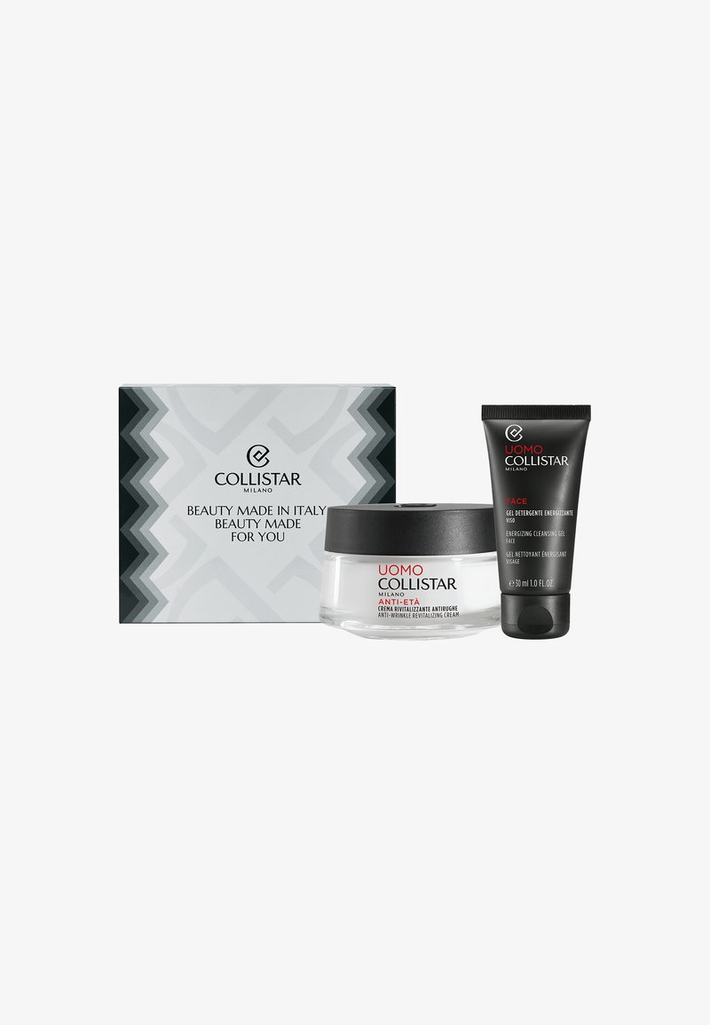 Collistar anti-wrinkle revitalizing cream jar, energizing cleansing gel tube, and decorative box with brand and product details on a white background.