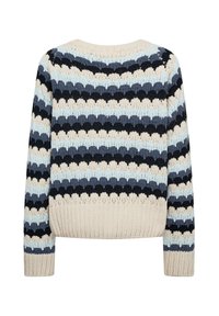 Gebreide trui met horizontale strepen in marineblauw, lichtblauw, crème en grijs. Ribgebreide manchetten en zoom zorgen voor structuur in de losse pasvorm.